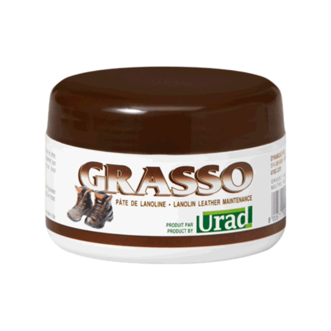 Grasso lanolin leather conditioner for protecting and waterproofing leather shoes and gear.