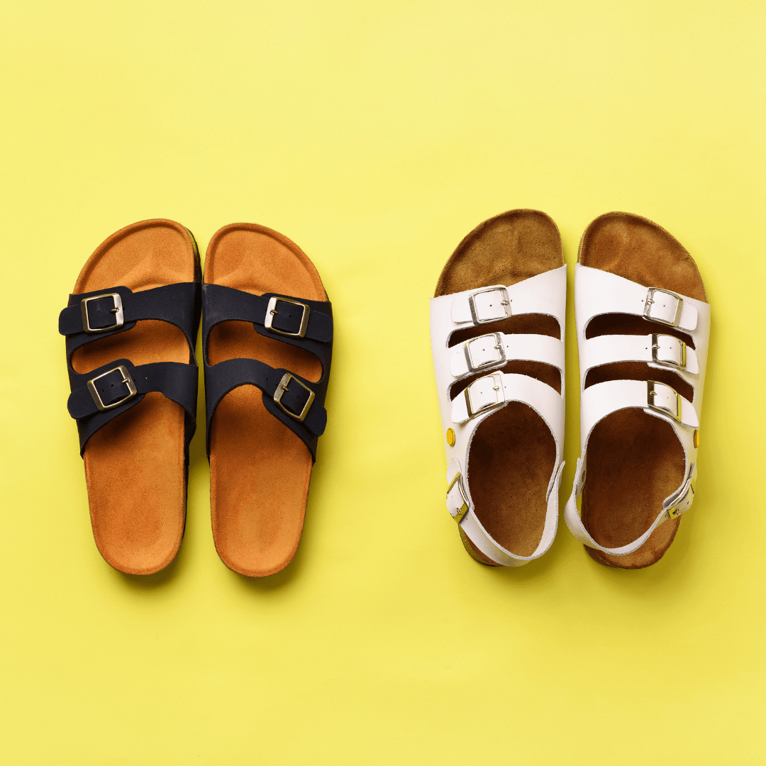 Two pairs of stylish sandals on a yellow background, featuring a black and a white design.