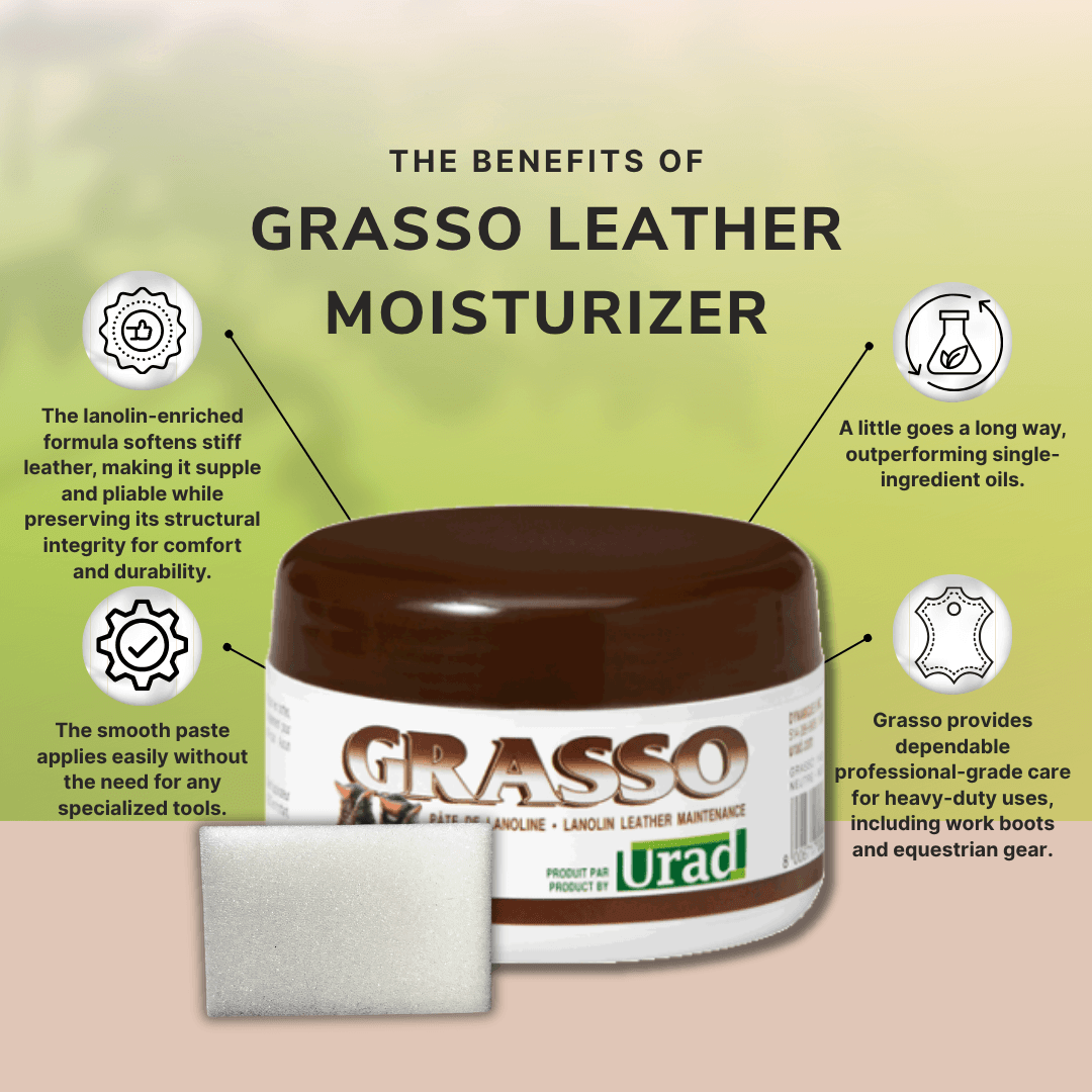 Grasso leather moisturizer benefits, lanolin leather conditioner for softening and waterproofing leather gear.