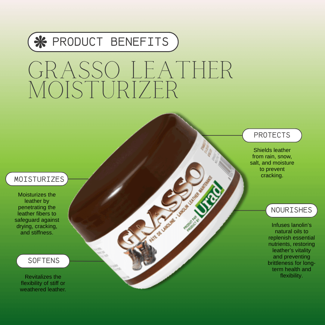 Grasso leather lanolin-base product designed to moisturize, protect, and waterproof leather gear.