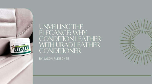 Urad leather conditioner on a leather seat, demonstrating how to condition leather for elegance.