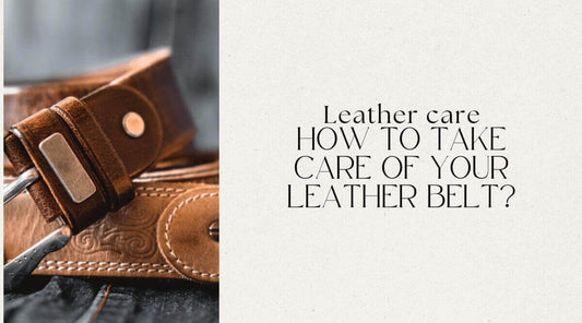 Close-up of a leather belt with text 'How to care for leather belts' for leather care tips.