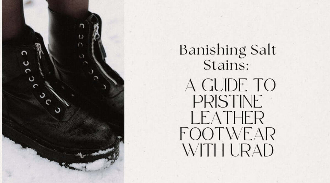 Close-up of leather boots in snow illustrating how to clean salt stains off leather shoes.