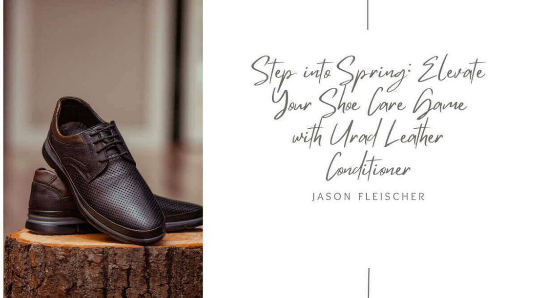 how to care for leather shoes with Urad Leather Conditioner and stylish black shoes on wooden surface.