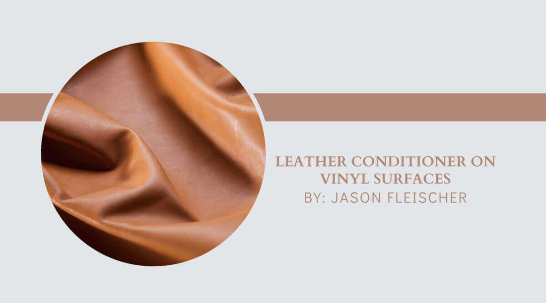 Leather conditioner for vinyl surfaces showcased on soft fabric.